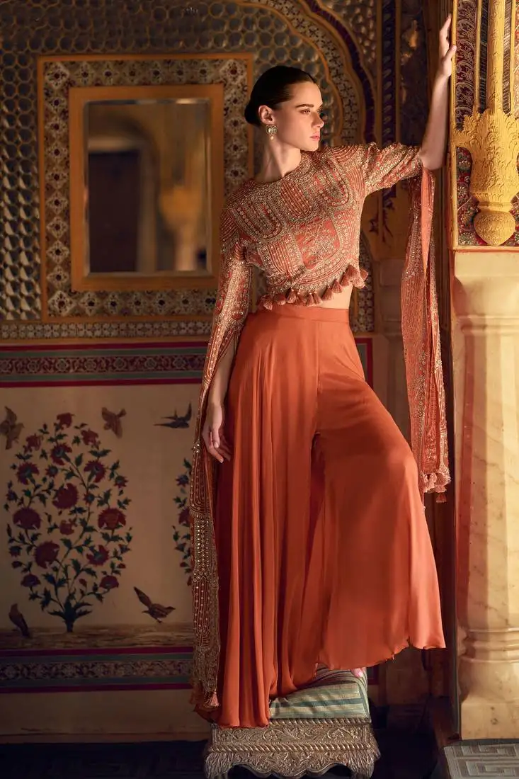 Orange sequins and embroidery chinon silk blouse palazzo- free size stitching(size upto 42") stitched