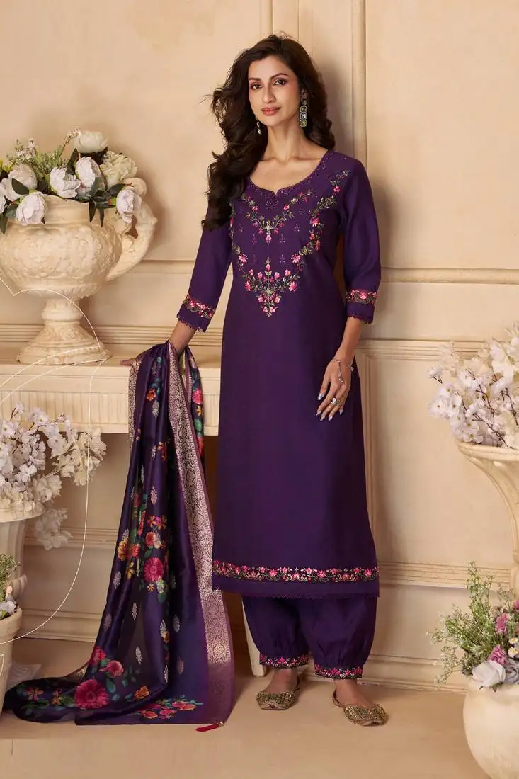 Purple sequins and embroidery, digital print viscose straight patiala- free size stitching(size upto 42") stitched