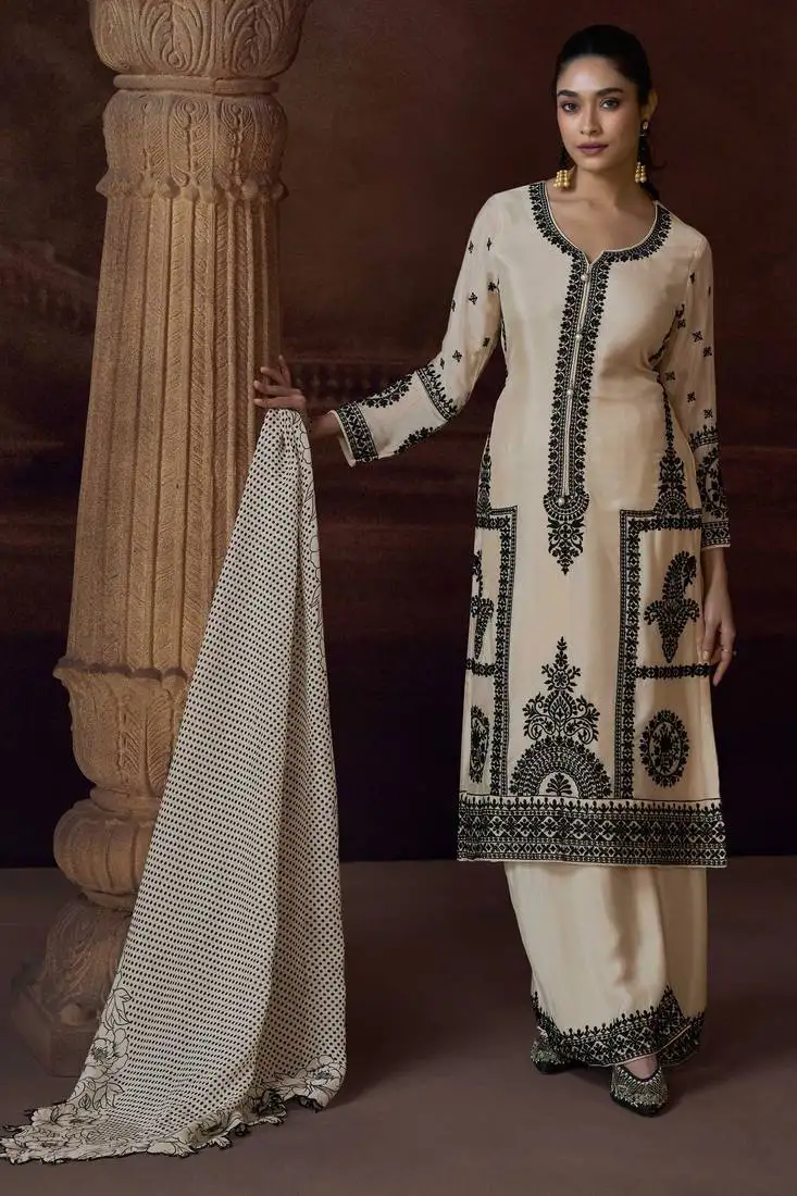 Beige sequins and thread embroidery chinon straight palazzo- free size stitching(size upto 42") stitched