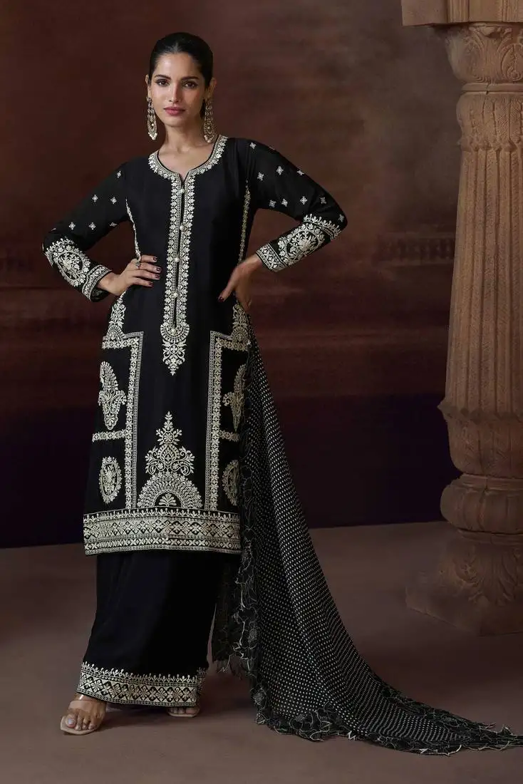 Black sequins and thread embroidery chinon straight palazzo- free size stitching(size upto 42") stitched