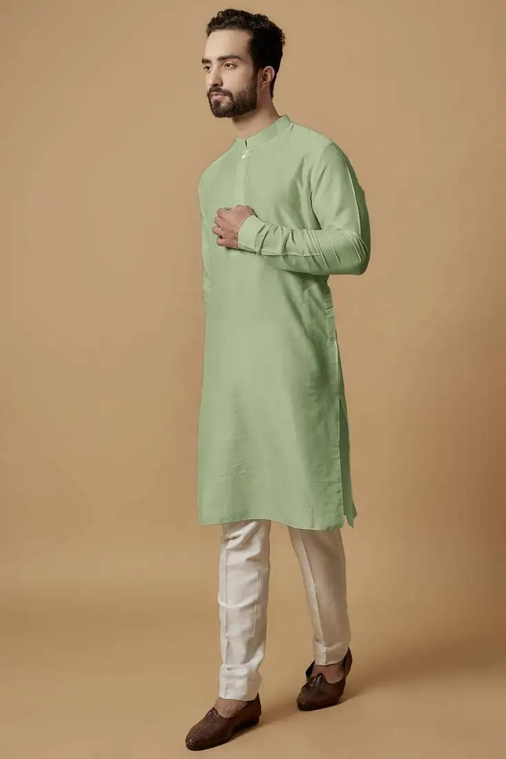 Pista green tab detail kurta set