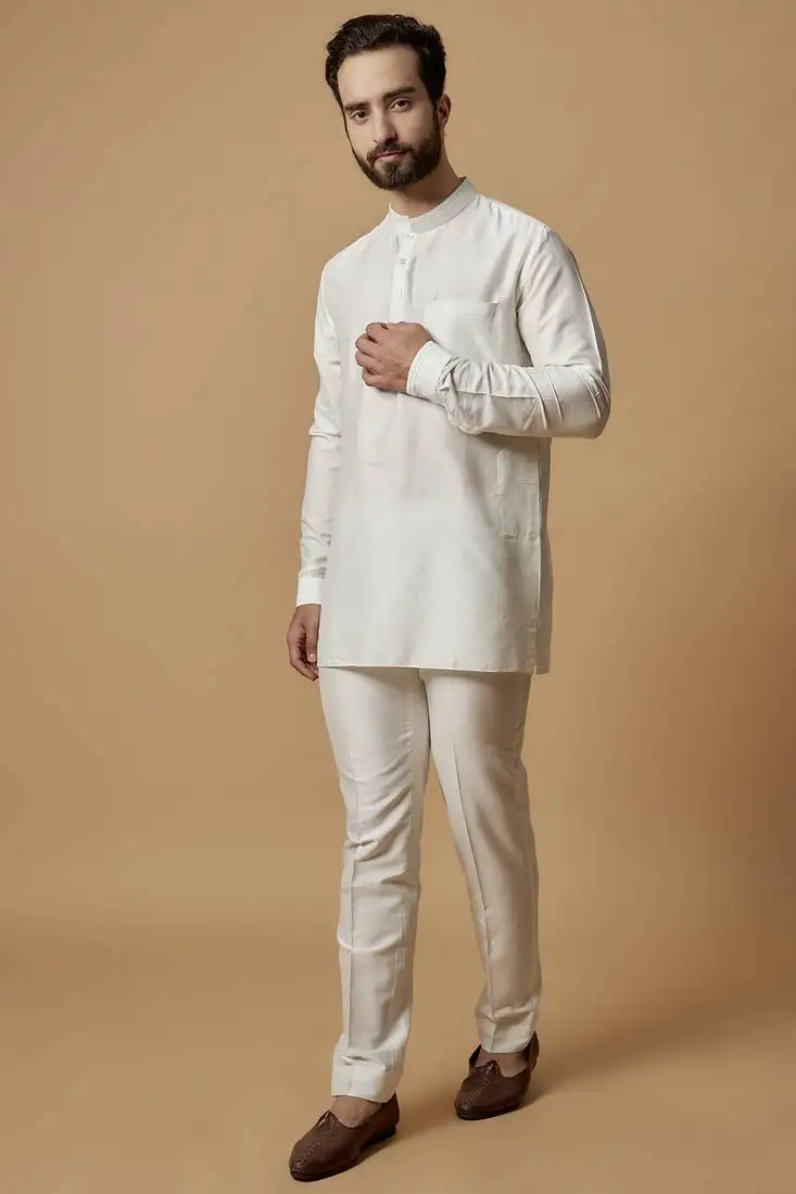Off-white pintucked shirt kurta