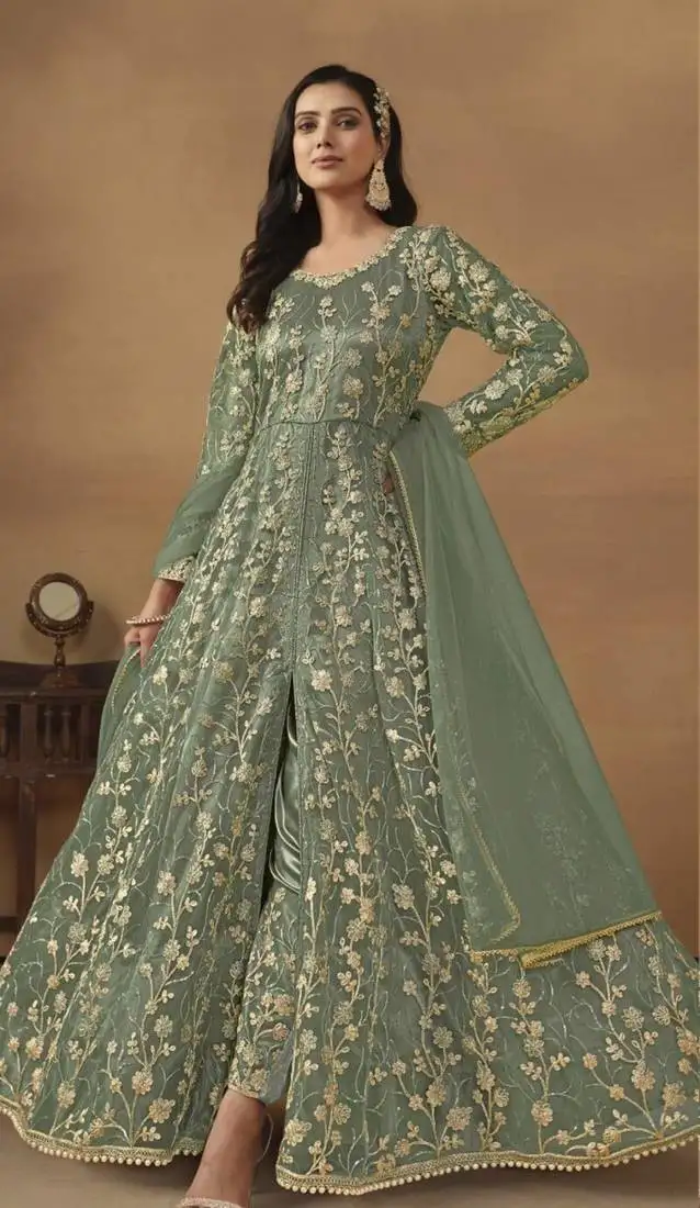 Light green net heavy embroidery semi stitched wedding gowns
