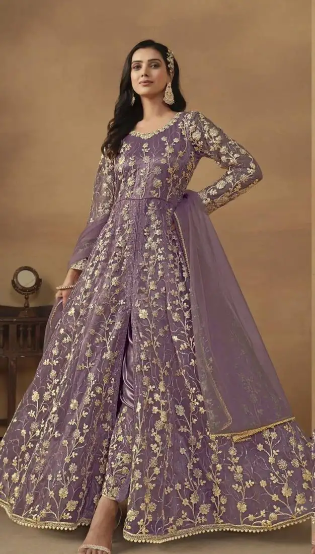 Purple net heavy embroidery semi stitched wedding gowns