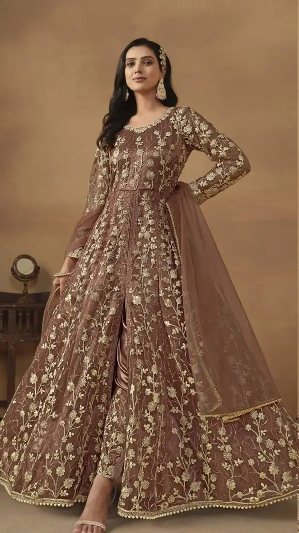 Brown net heavy embroidery semi stitched wedding gowns