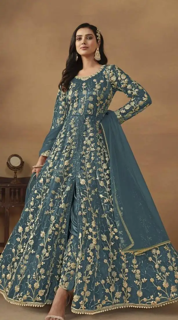 Teal net heavy embroidery semi stitched wedding gowns