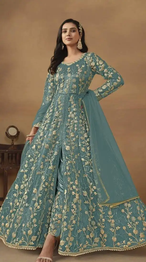 Light blue net heavy embroidery semi stitched wedding gowns