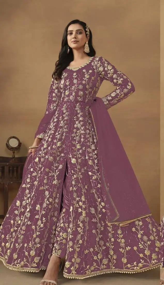 Lavender net heavy embroidery semi stitched wedding gowns