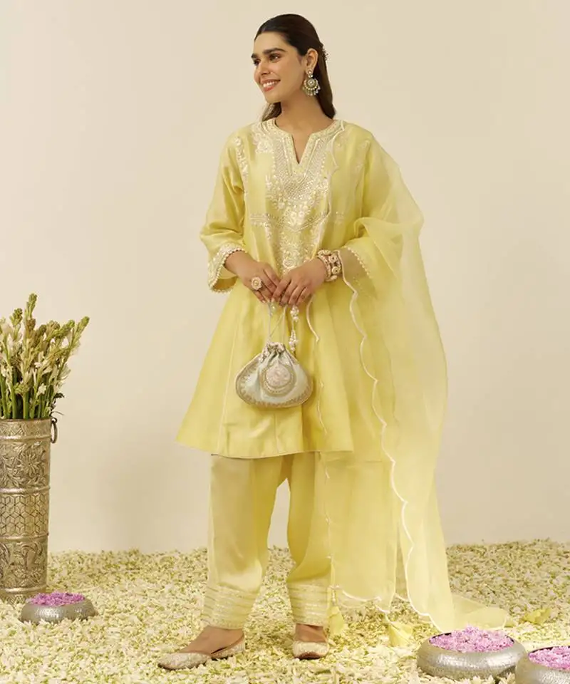 Lemon yellow aiza - short chauga with salwar and dupatta