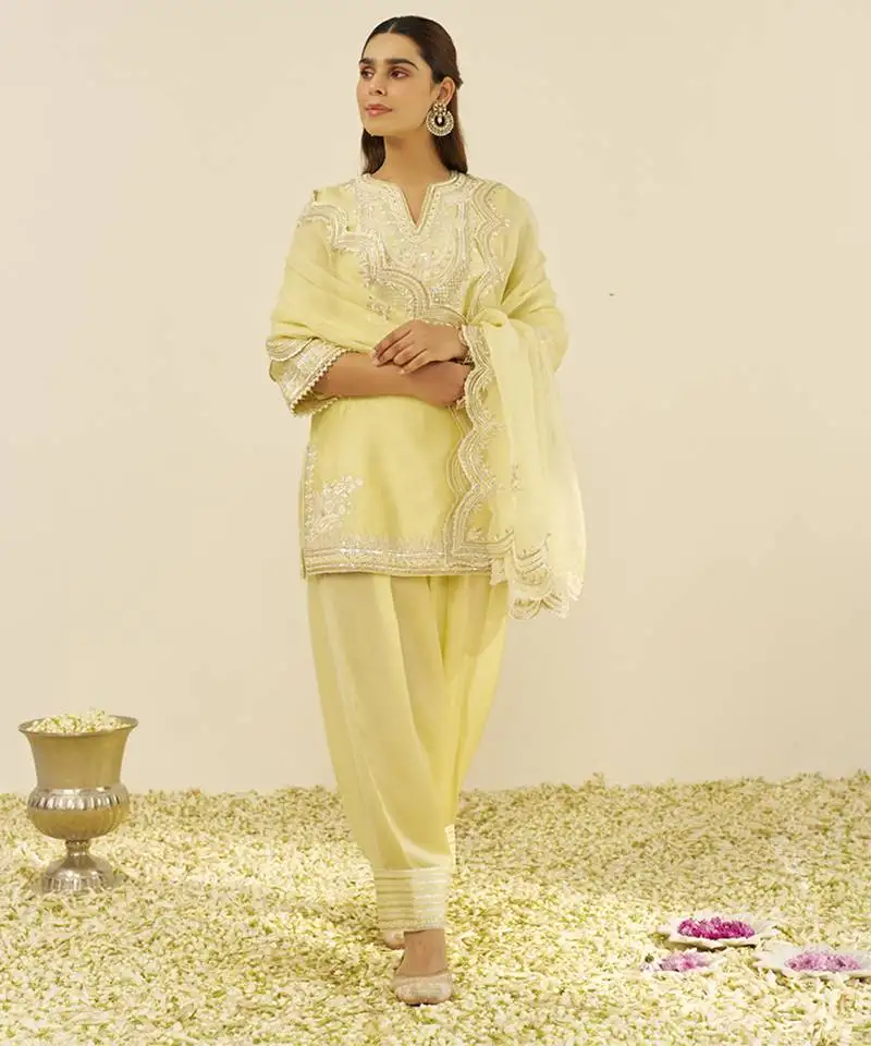 Lemon yellow zaisha - short kurta with dhoti and dupatta