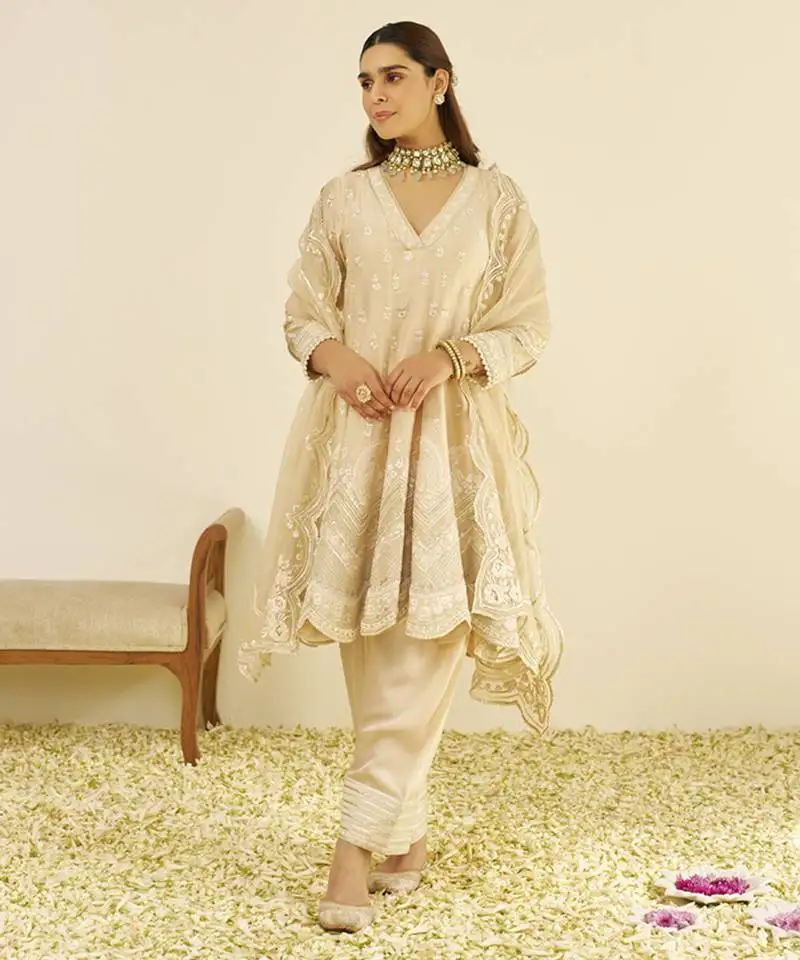 Beige meeram - short anarkali with salwar and dupatta