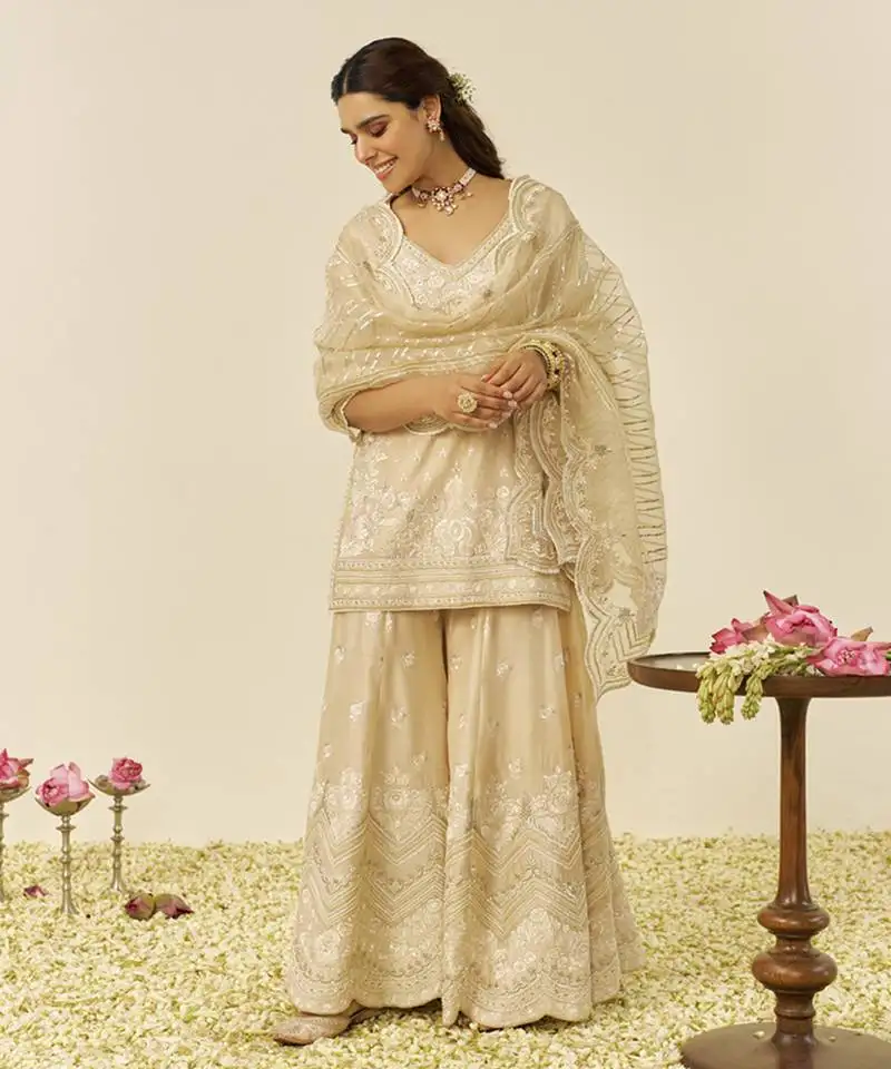 Beige sameeha - short kurta with sharara and dupatta