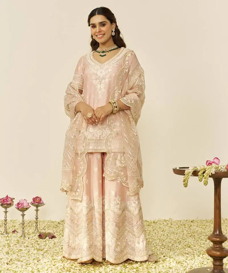 Off rose sameeha - short kurta with sharara and dupatta