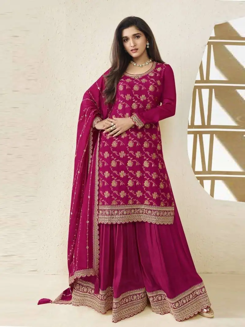 Magenta viscose jacquard semi stitched wedding suits