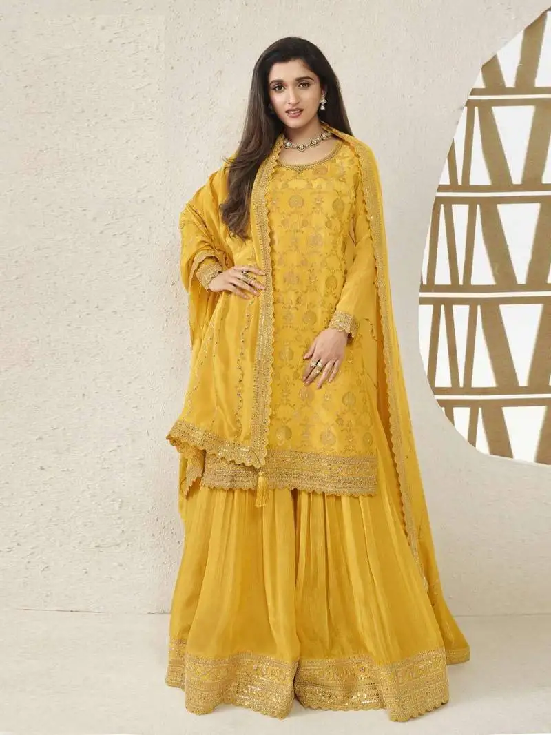 Yellow viscose jacquard semi stitched wedding suits