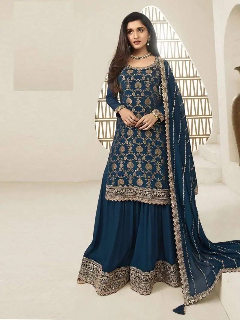 Peacock blue viscose jacquard semi stitched wedding suits