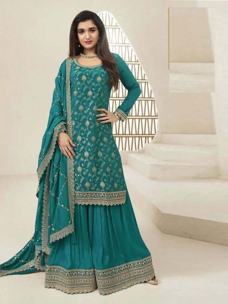 Sea green viscose jacquard semi stitched wedding suits