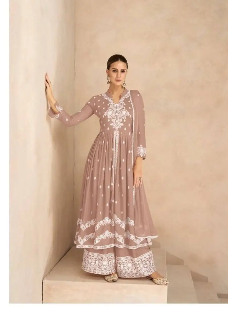Light brown pure rayon chikankari work full stitched palazzo suits with dupatta