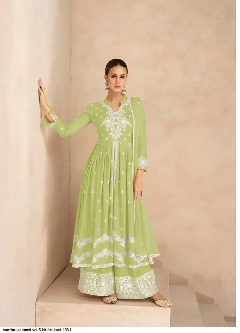 Light green pure rayon chikankari work full stitched palazzo suits with dupatta