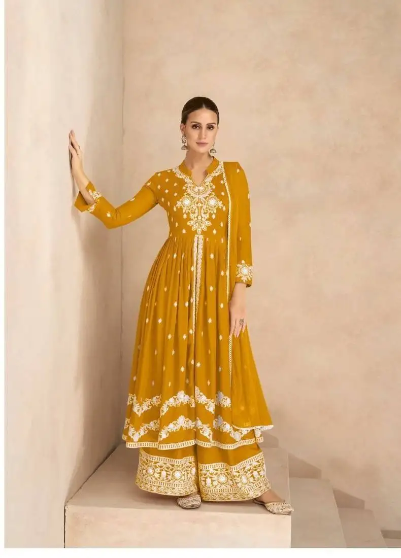 Yellow pure rayon chikankari work full stitched palazzo suits with dupatta