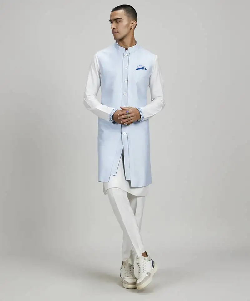 Powder blue jacquard layered sleeveless sherwani jacket
