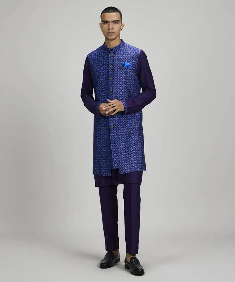 Indigo patola layered sleeveless sherwani jacket