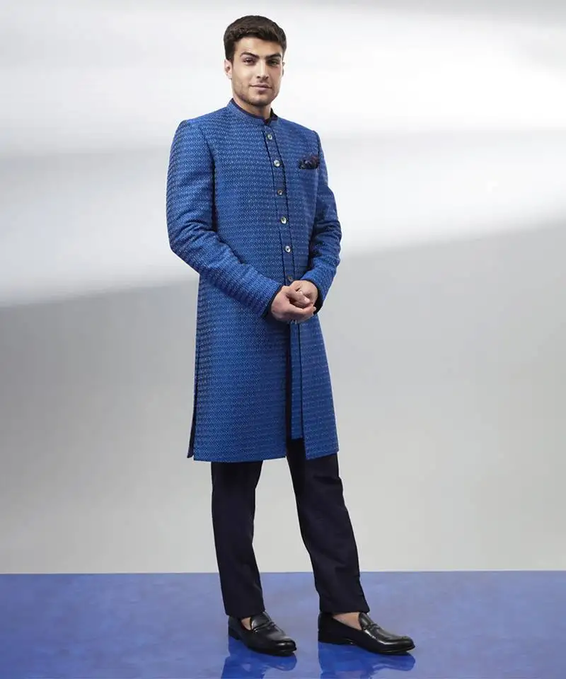 Cobalt blue gridiron embroidered layered sherwani jacket