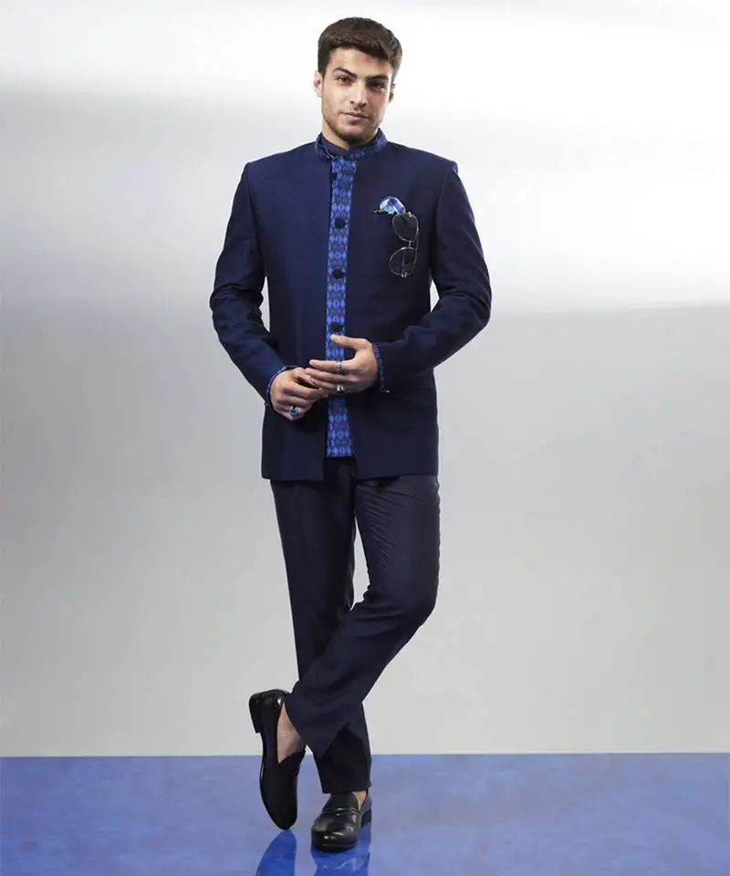 Navy jacquard & ikat printed layered bandhgala jacket