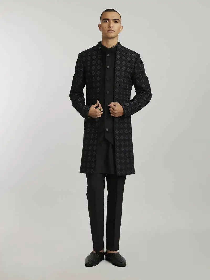 Ebony & grey phulkari embroidered layered sherwani