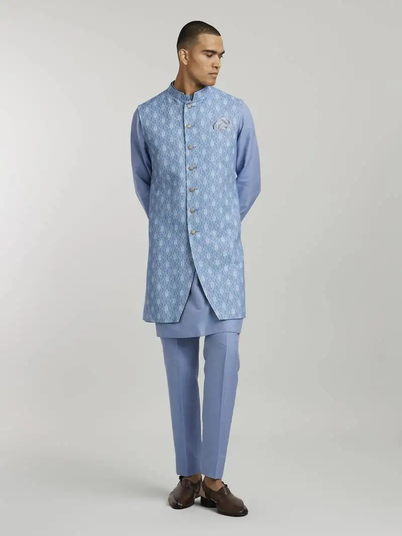 Teal leon printed sleeveless sherwani jacket