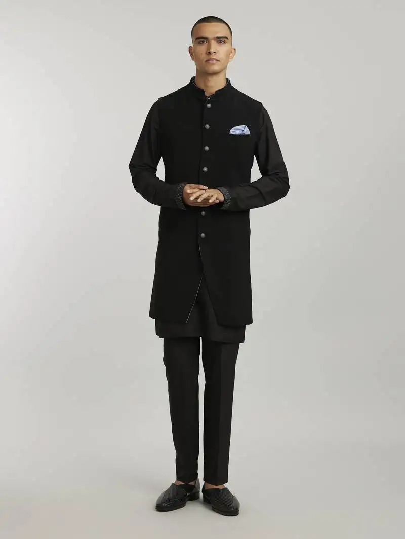 Ebony crepe wool classic sleeveless sherwani jacket