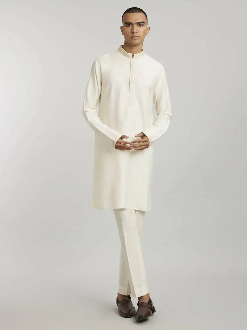 Ivory & beige emblem printed kurta pant set