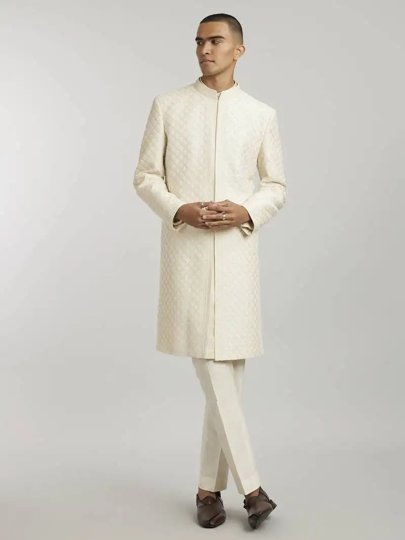 Ivory phulkari embroidered sherwani jacket