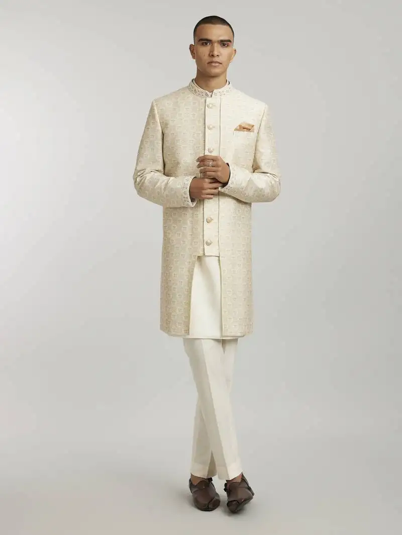 Ivory emblem printed layered sherwani jacket