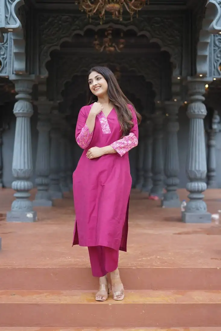 Stitched suit cotton silk kurta & bottom berry pink ( 2 piece set )