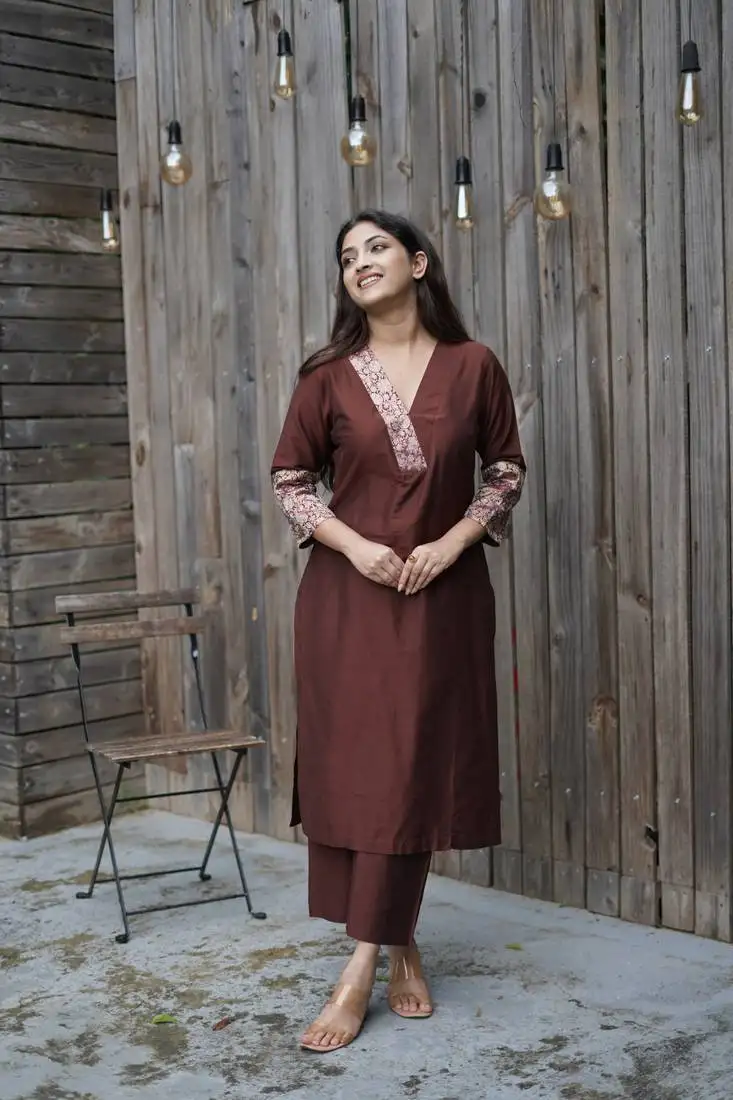 Brown cotton solid kurta wih pant & duppata