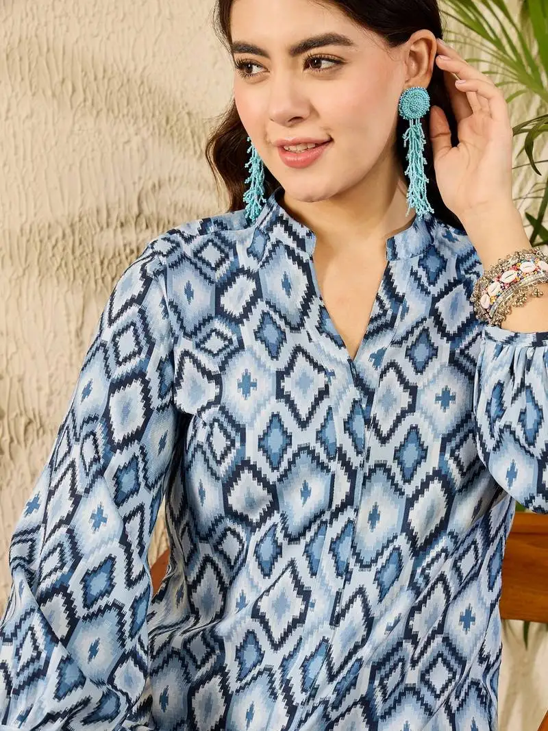 Women blue rayon blend ikat printed regular top