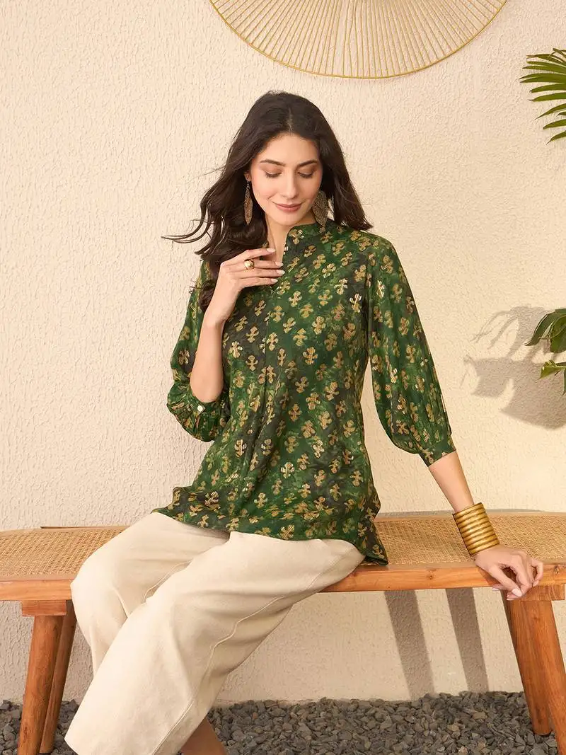 Women green cotton blend ethnic motifs printed regular top