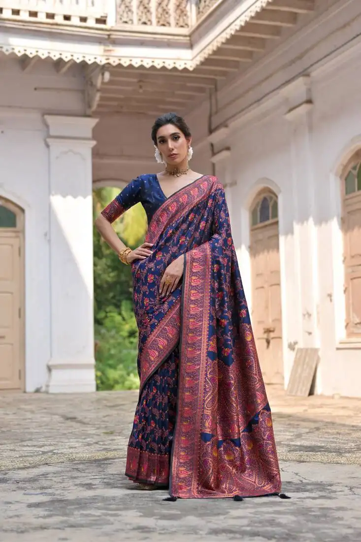Navy blue soft pashmina silk weaving saree with zari woven fancy tassels