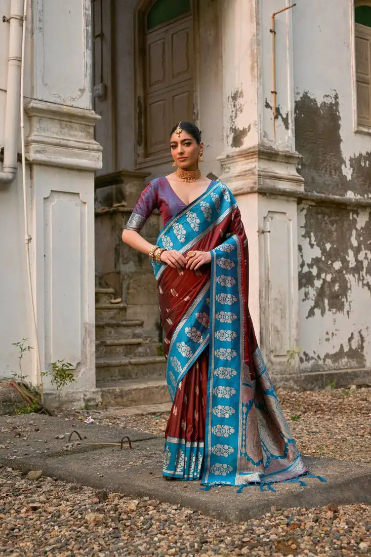 Coffee banarasi silk weaving saree with zari woven fancy tassels