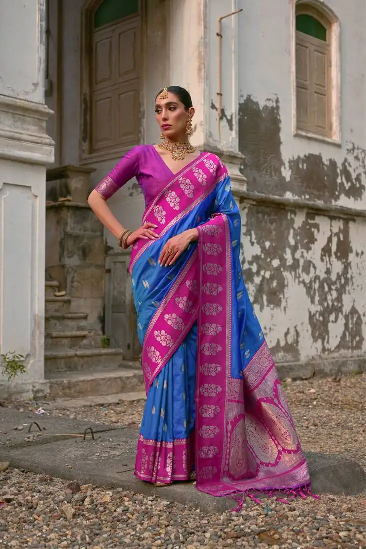 Firozi banarasi silk weaving saree with zari woven fancy tassels