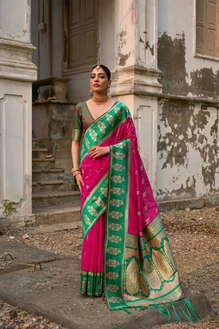 Pink banarasi silk weaving saree with zari woven fancy tassels