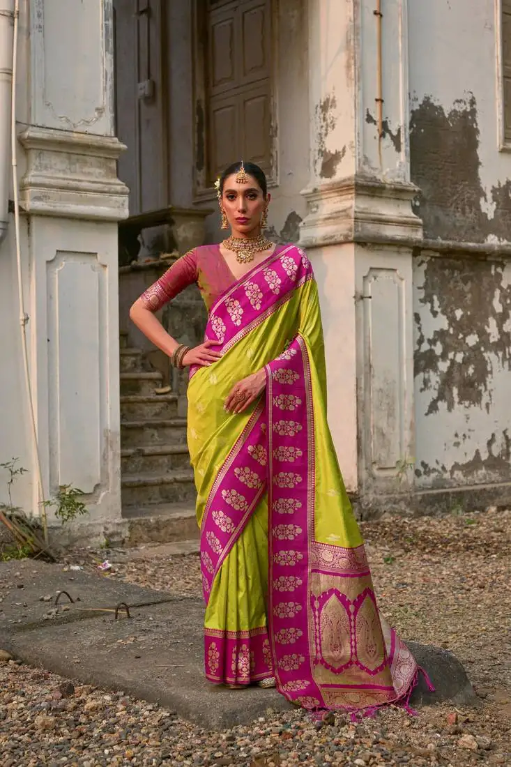 Pista banarasi silk weaving saree with zari woven fancy tassels