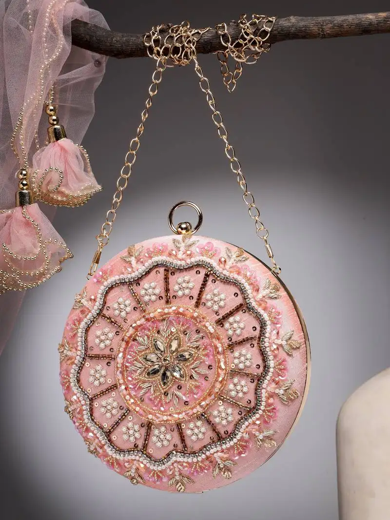 Adorn dusty coral & multi floral embellished faux silk clutch