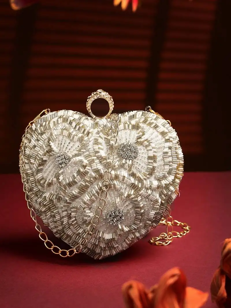 Amour white & champagne heart shaped floral embellished faux silk clutch