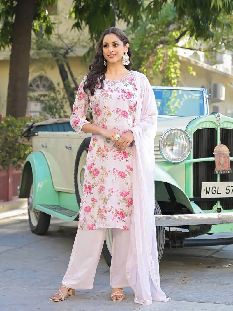 Divena light pink floral printed muslin straight kurta pant with dupatta stitched