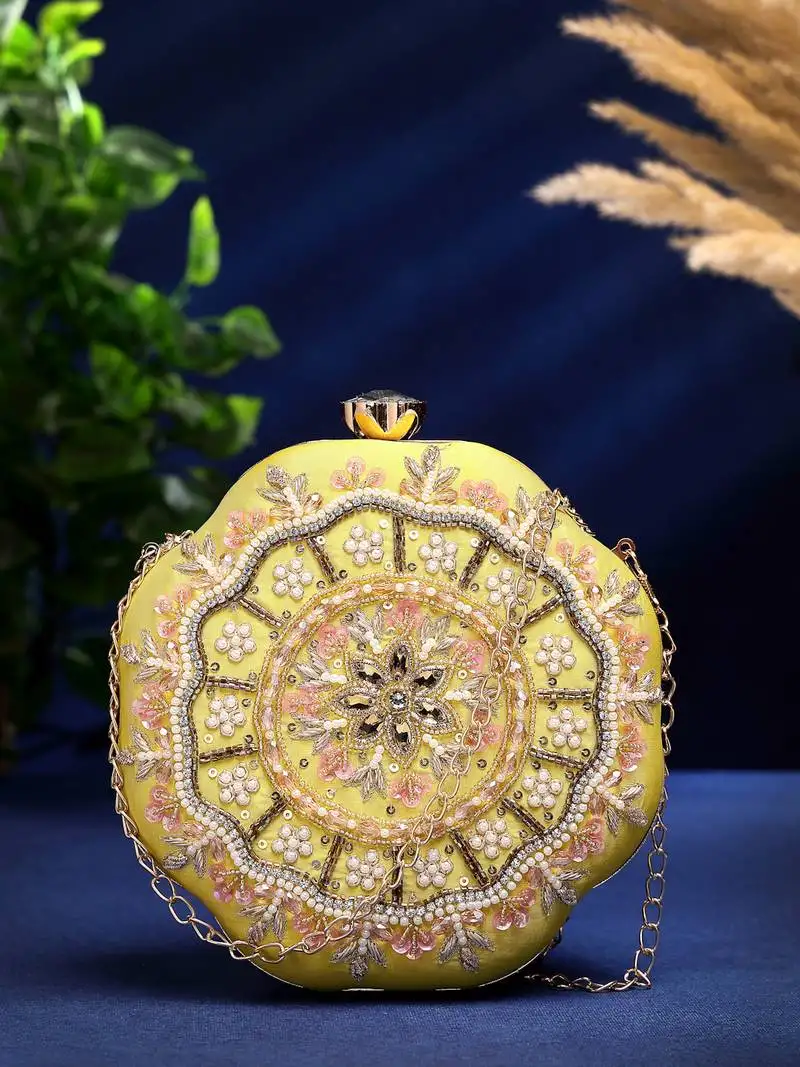 Adorn lemon yellow, pearl & pink floral embellished faux silk clutch