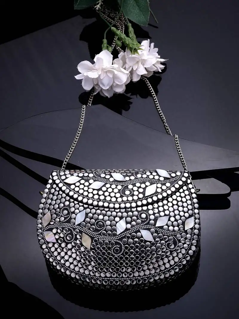 Mosaic silver mosaic embellished metal clutch