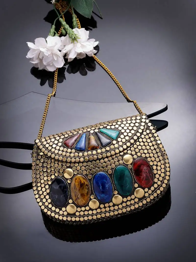 Mosaic gold & multi mosaic embellished metal clutch
