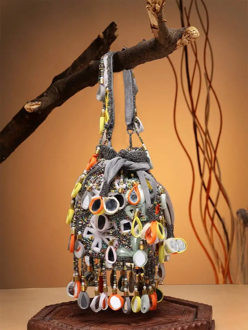 Tipify grey & multi mirror work embellished fabric potli